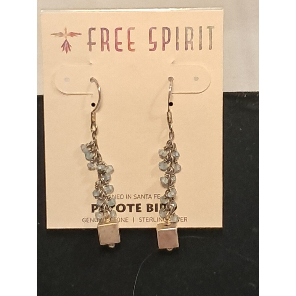 Peyote Bird Silver Cubes & Ice Blue Beads 1.5" Earrings Sterling Silver NWT